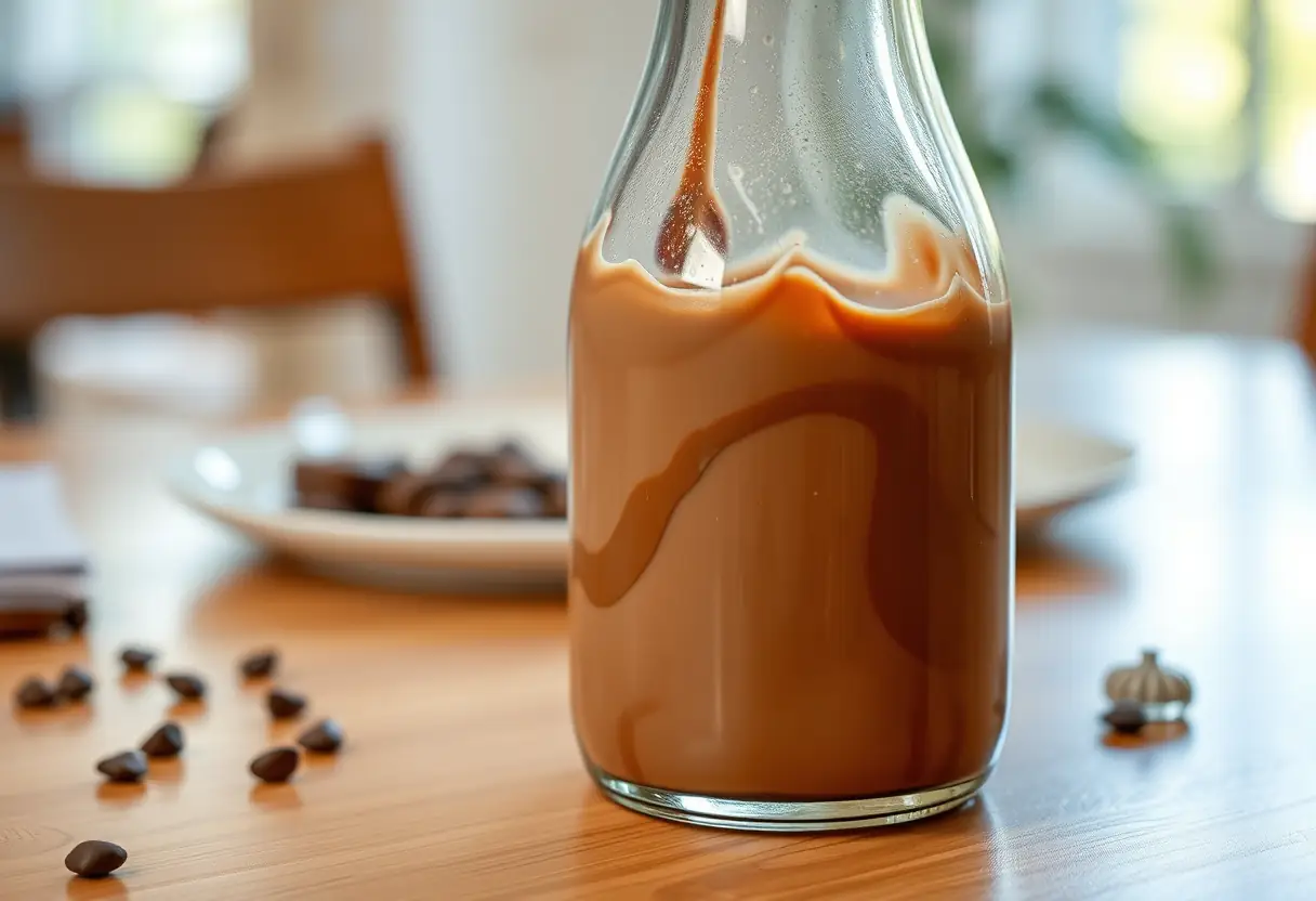 Une bouteille en verre pleine de lait de soja au chocolat repose sur une table de salle à manger, son contenu tourbillonne légèrement, mettant en valeur sa texture lisse
