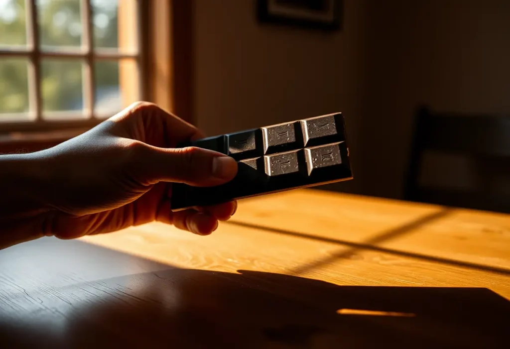 Une main tenant une tablette de chocolat noir sur un bureau en bois, éclairée par la lumière du soleil