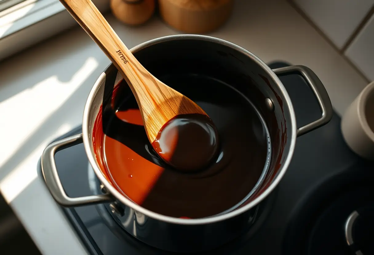 Une cuillère en bois qui remue une sauce au chocolat noir dans une casserole sur un comptoir de cuisine baigné de lumière du matin