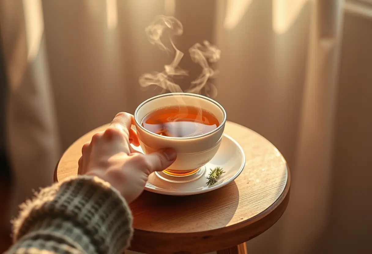 Des mains tenant une tasse de thé herbagère fumante, posée sur une petite table en bois, éclairées par la douce lumière du matin.