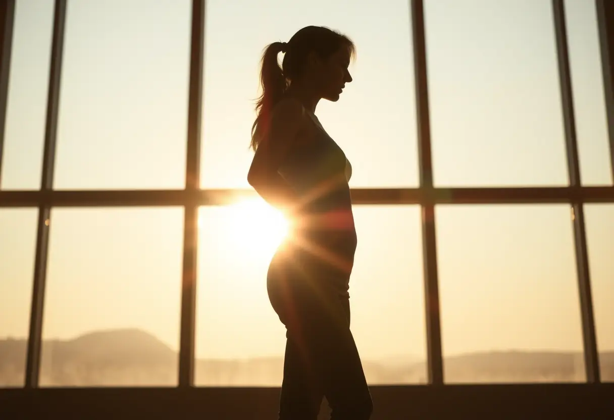 Un profil flou d'une femme devant une fenêtre, éclairée par la lumière du soleil, représentant la force interne et la confiance