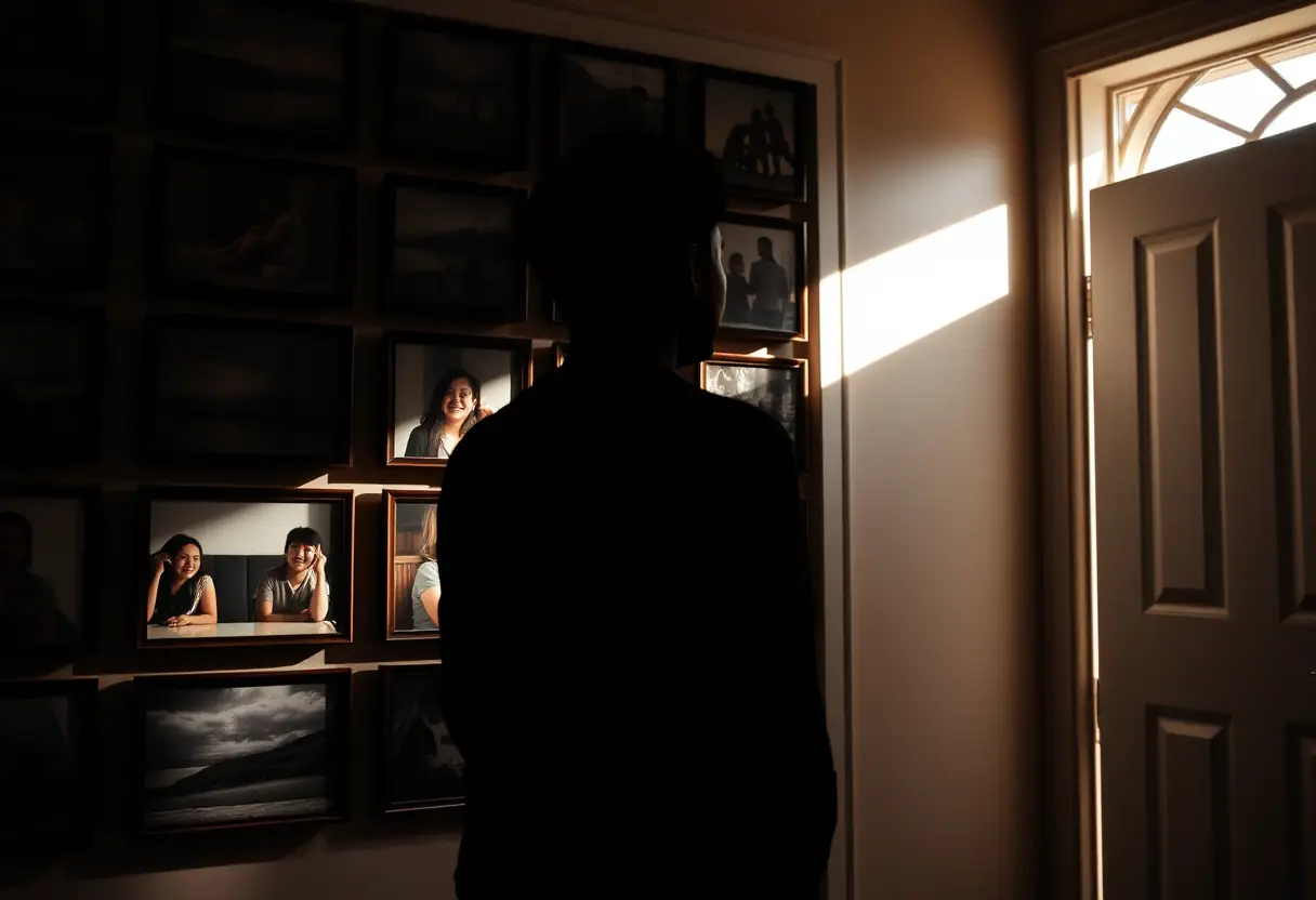 Une silhouette devant un mur de photos encadrées