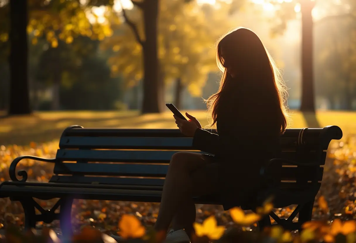 Alt Text: une femme assise sur un banc public, observant son téléphone portable entourée de feuilles d'automne.