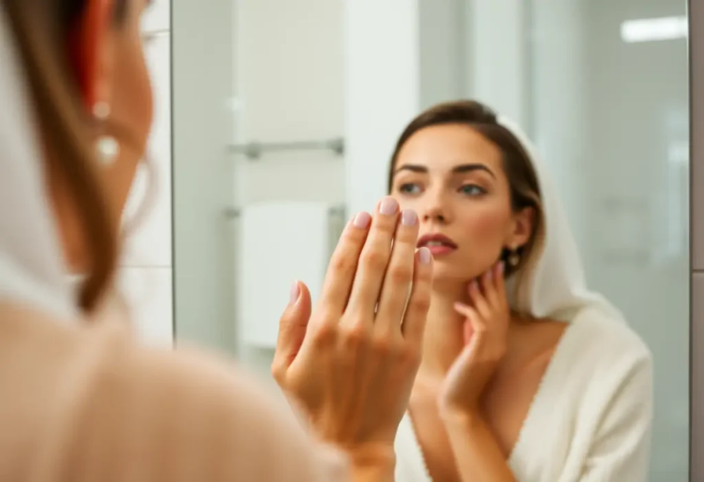 Une main applique délicatement une crème hydratante sur le visage, symbole de soin personnel