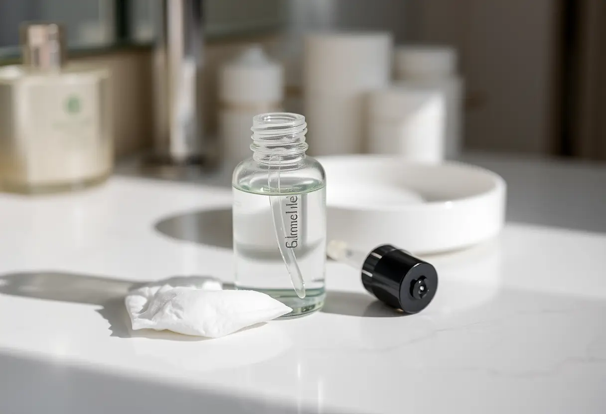 Un flacon de sérum sur une table de toilette, rappelant les soins de peau quotidiens