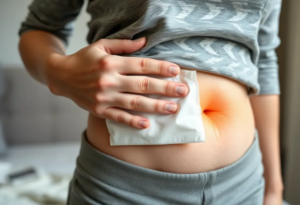 Main : Une main féminine applique délicatement un compresse chaud sur l'abdomen pour apaiser la douleur.