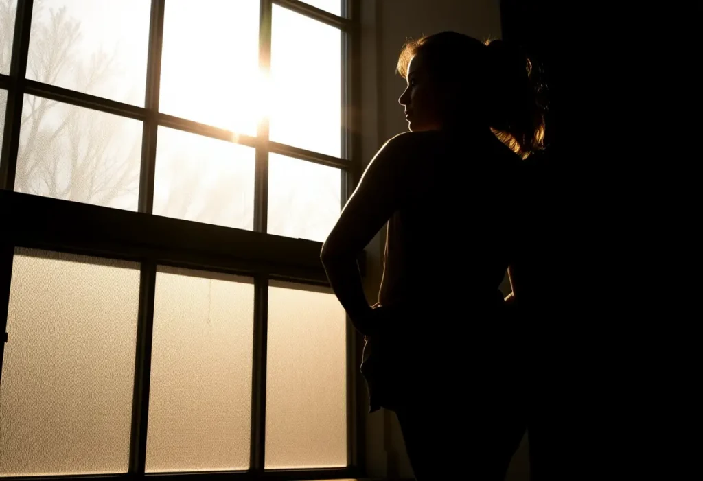 Un profil d'une femme se tenant près d'une grande fenêtre, la lumière du soleil inondant la pièce, mettant en valeur la diversité et l'acceptation promues par le mouvement body positive