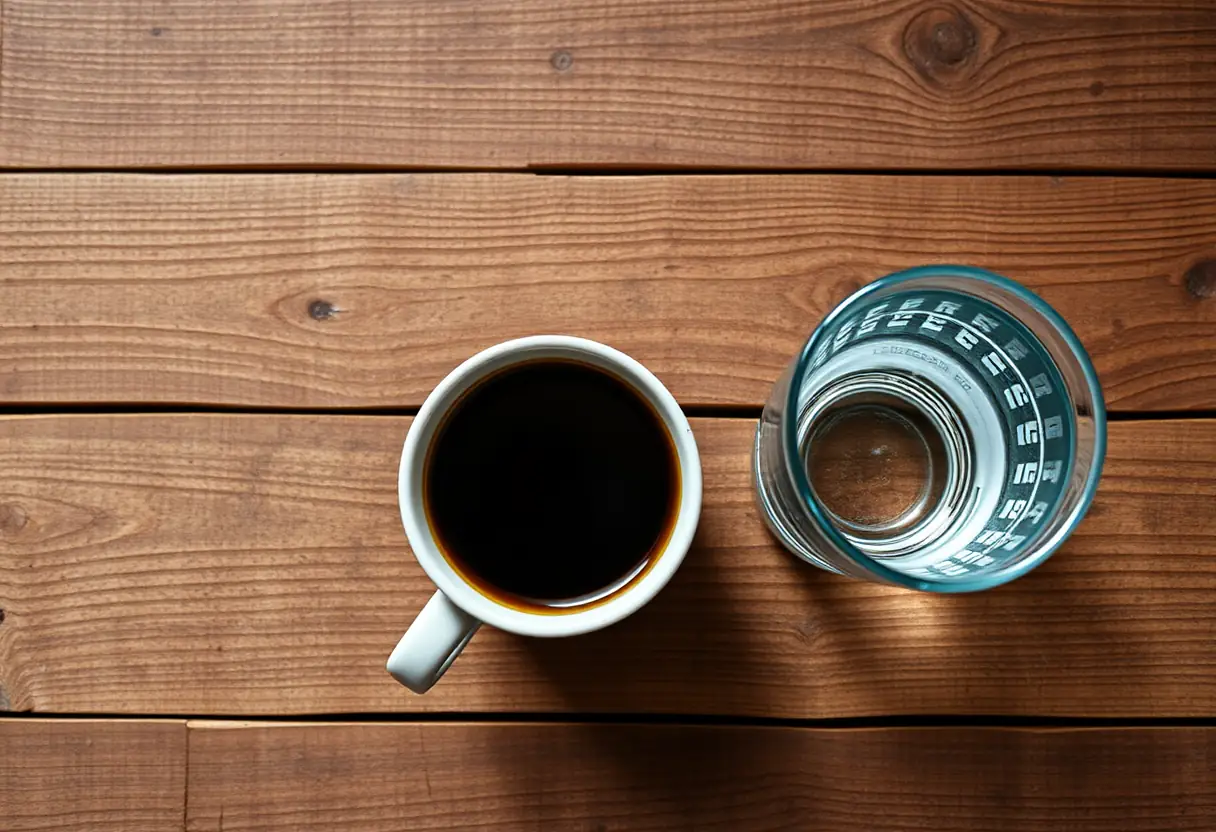 Vue d'ensemble d'une tasse de café et d'un verre d'eau sur une table en bois rustique, symbolisant le confort quotidien et l'auto-acceptation encouragés par la communauté body positive