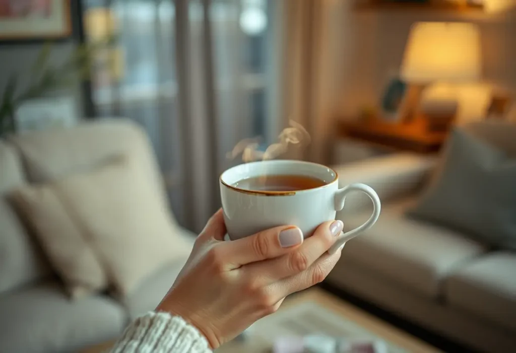 Une main féminine tenant une tasse fumante de thé dans un salon accueillant, illustrant la recherche de bien-être et de sérénité.