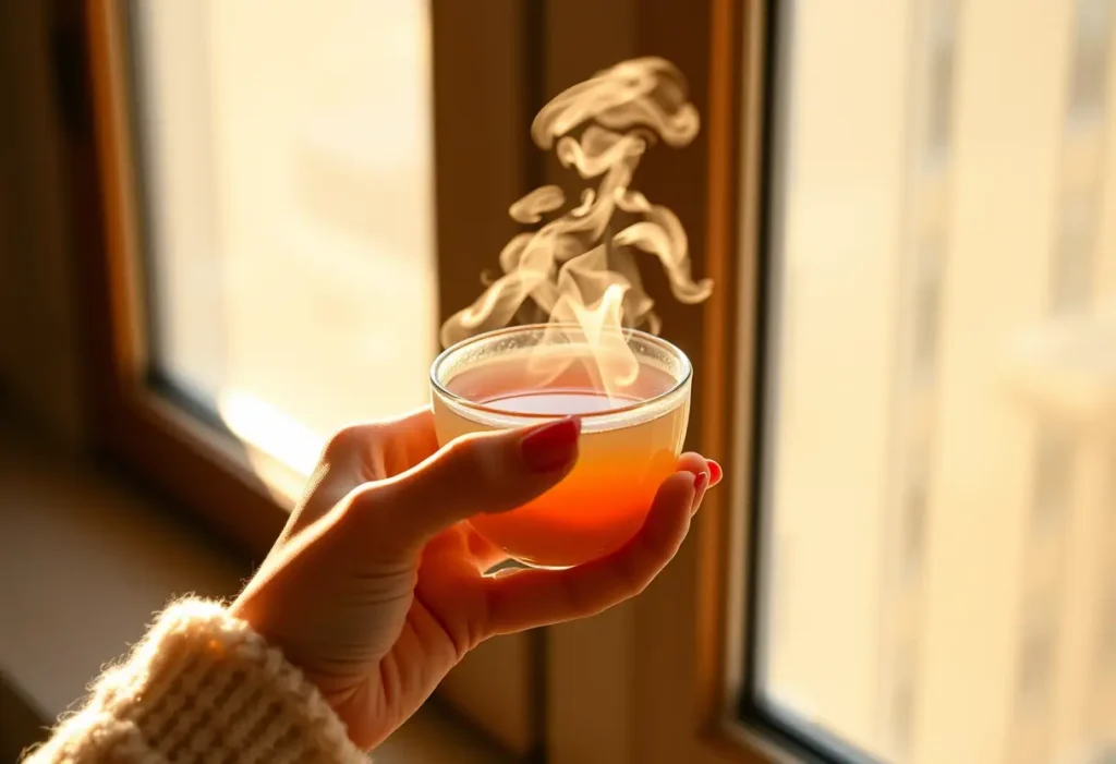 Une main tenant une tasse de thé chaud, baignée de lumière naturelle, symbolisant le réconfort et la sérénité.