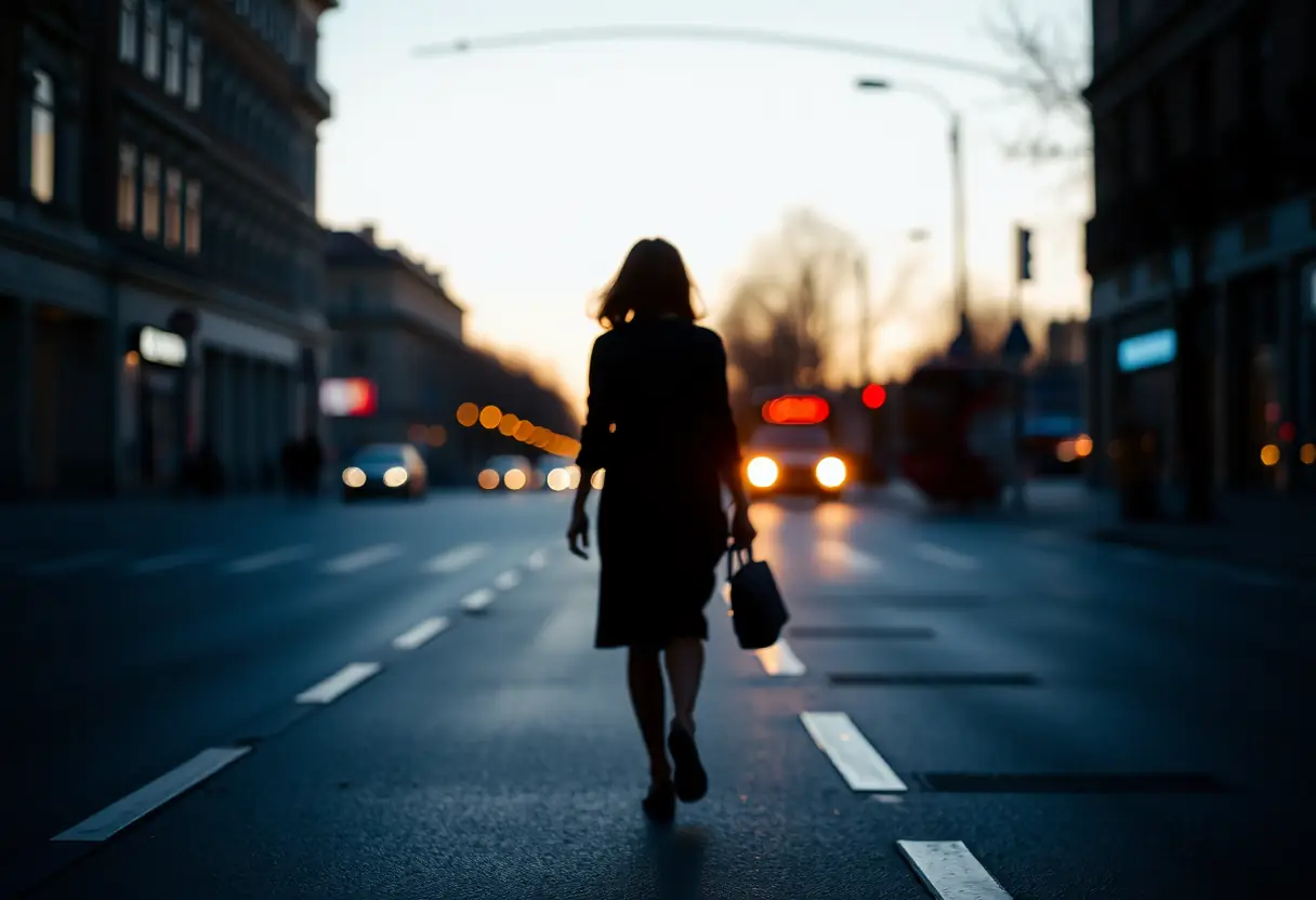 Une silhouette floue d'une femme marchant seule dans la rue au crépuscuле, représentant la solitude et l'introspection.