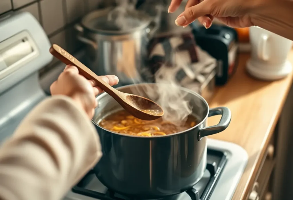 Une main féminine tient une cuillère en bois au-dessus d'une marmite chaude, symbolisant le bien-être et l'acceptation de soi.