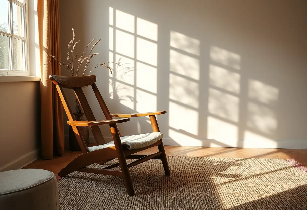 Un fauteuil en bois dans un salon accueillant, évoquant la sérénité et l'auto-acceptation.