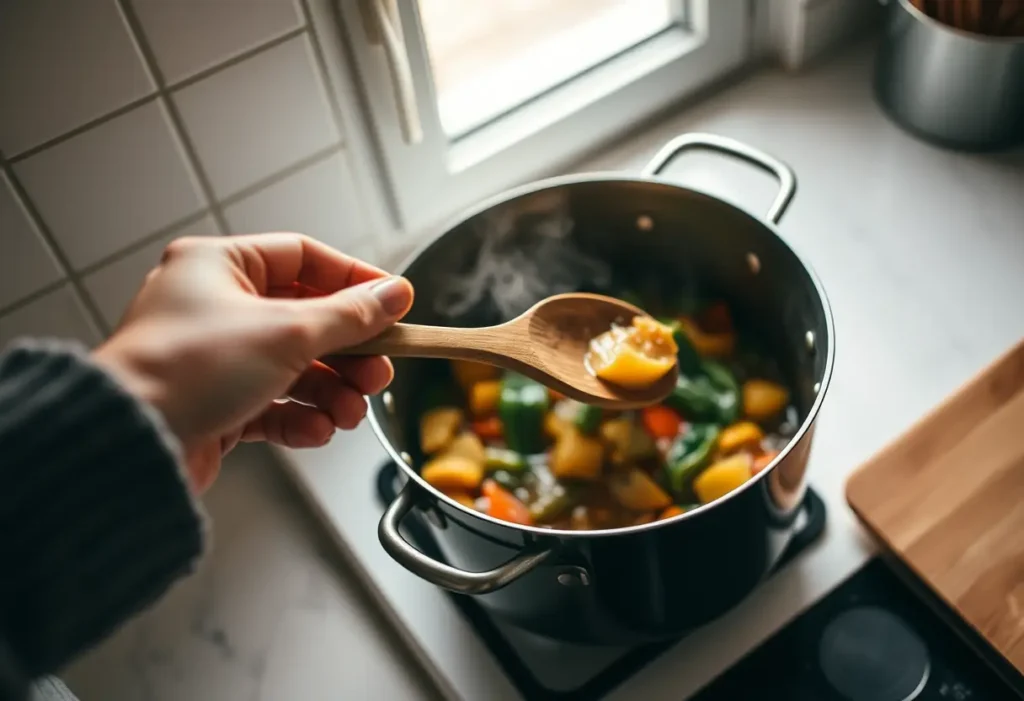 Une main féminine tient une cuillère en bois dans une cuisine, préparant des légumes, évoquant la bien-être et la sérénité.
