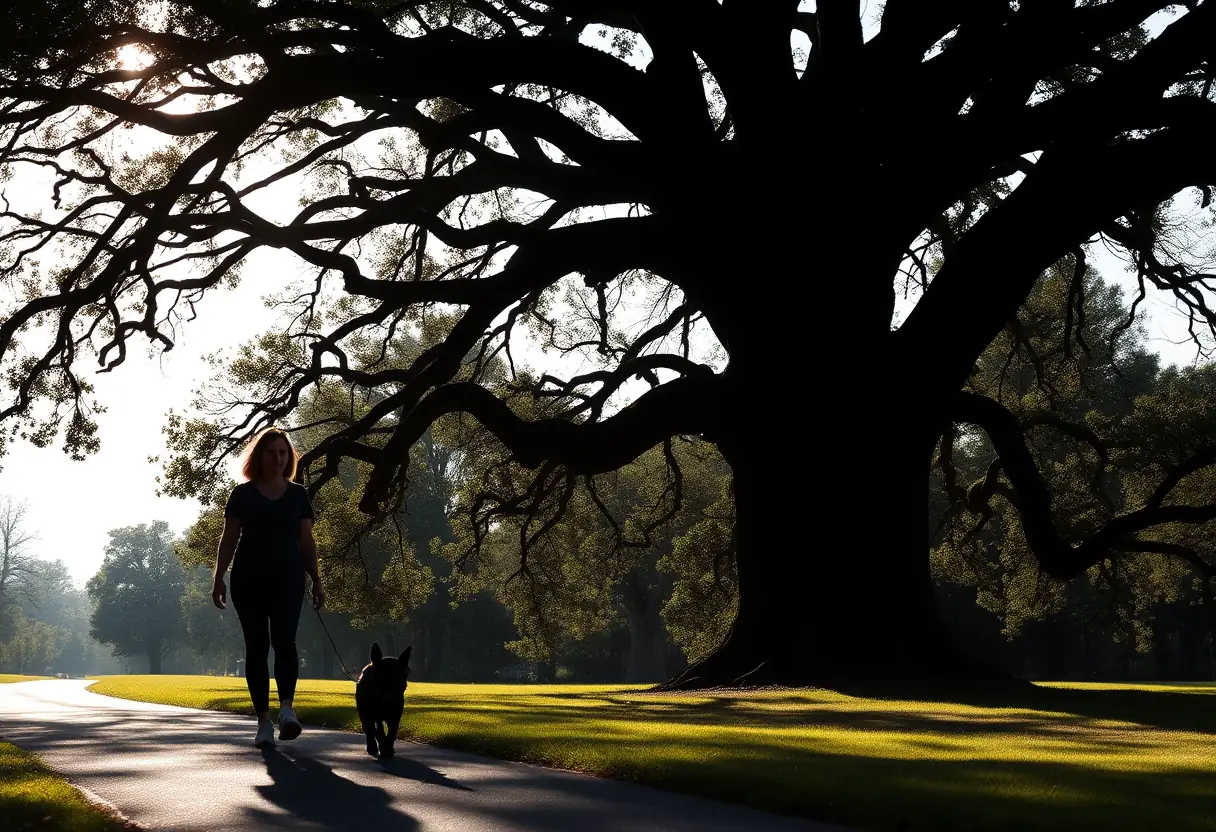 Une femme silhouettée marche avec son chien le long d’un chemin ombragé par des arbres, illustrant la promenade apaisante pour le bien-être mental.
