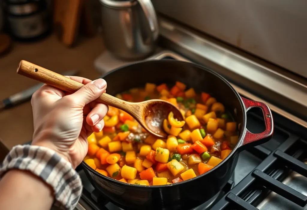 Une main féminine tient une cuillère en bois en remuant une marmite en fonte sur une cuisinière, rappelant l’importance de l’alimentation dans le bien-être