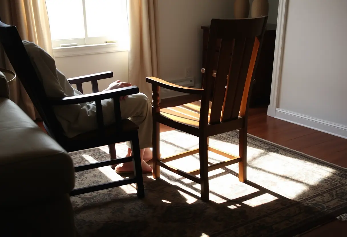 Une chaise en bois dans un salon, lumière naturelle qui filtre à travers la fenêtre.
