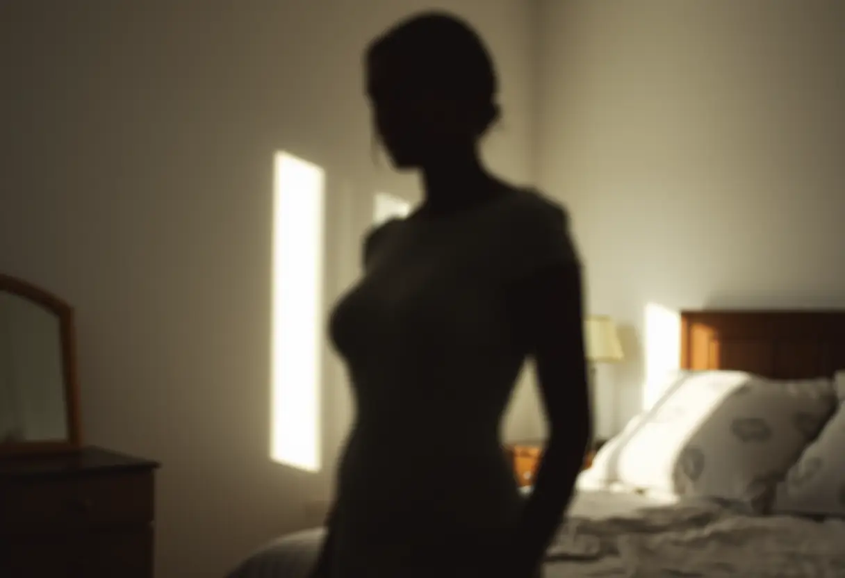 Silhouette floue dans une chambre, vêtue d'un mélange coton-élasthanne, lumière naturelle soulignant la douce brillance du tissu