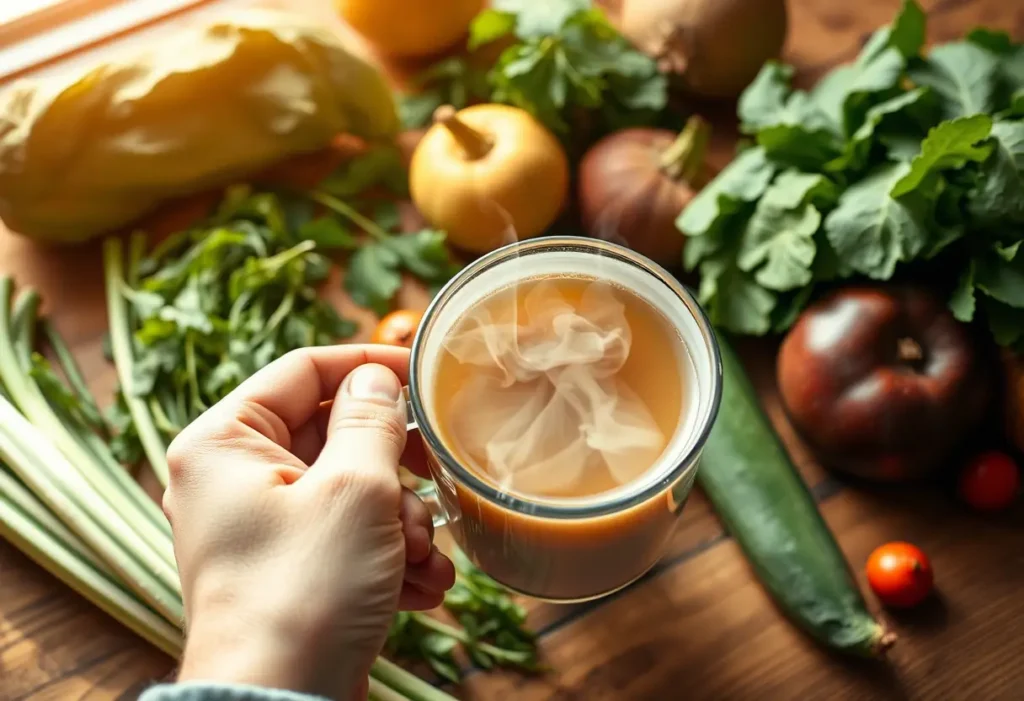 Une main tenant une tasse de thé chaud entourée de légumes et de fruits frais sur une table en bois, éclairée naturellement