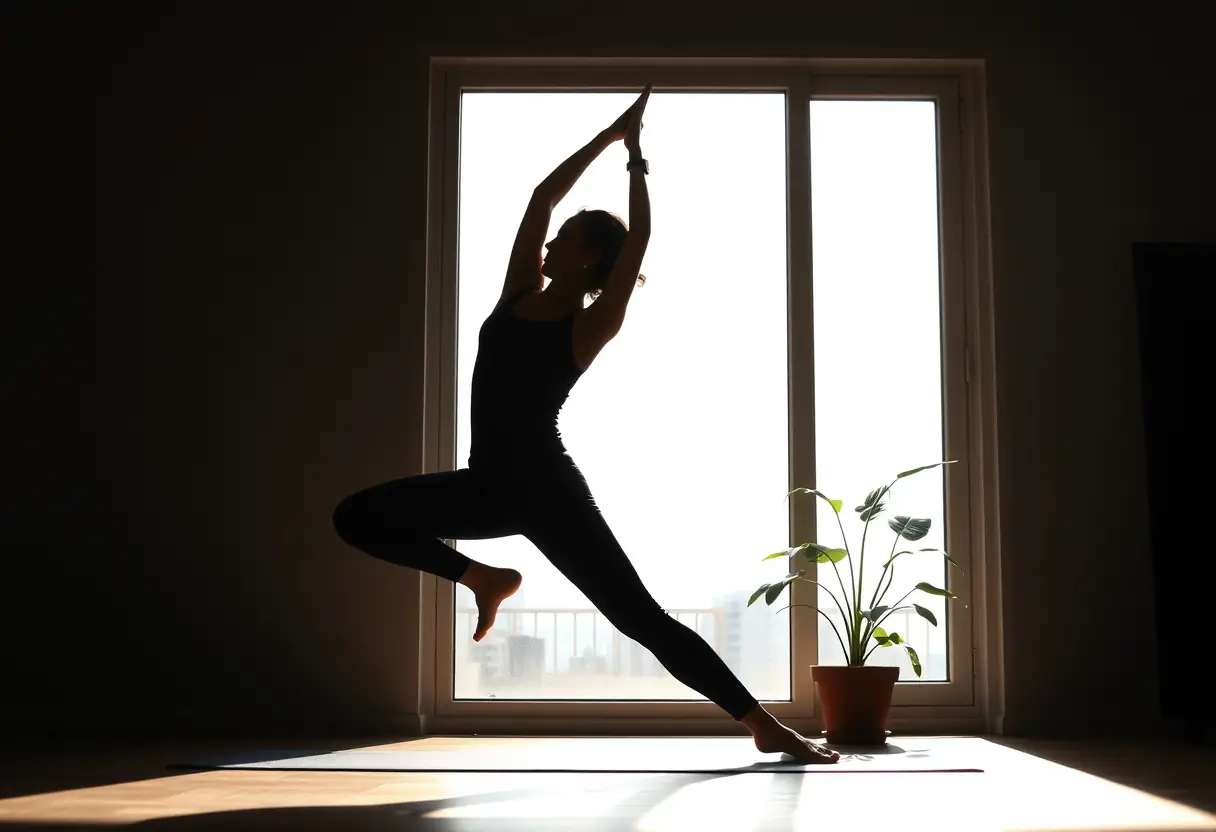 Une femme en silhouette pratiquant le yoga, sa posture encadrée par une fenêtre où la lumière du soleil filtre, éclairant doucement une plante en pot