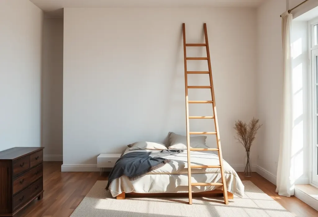 Un échelle en bois adossée à un mur, dans une chambre spacieuse, illustrant les progrès vers l'acceptation de soi.