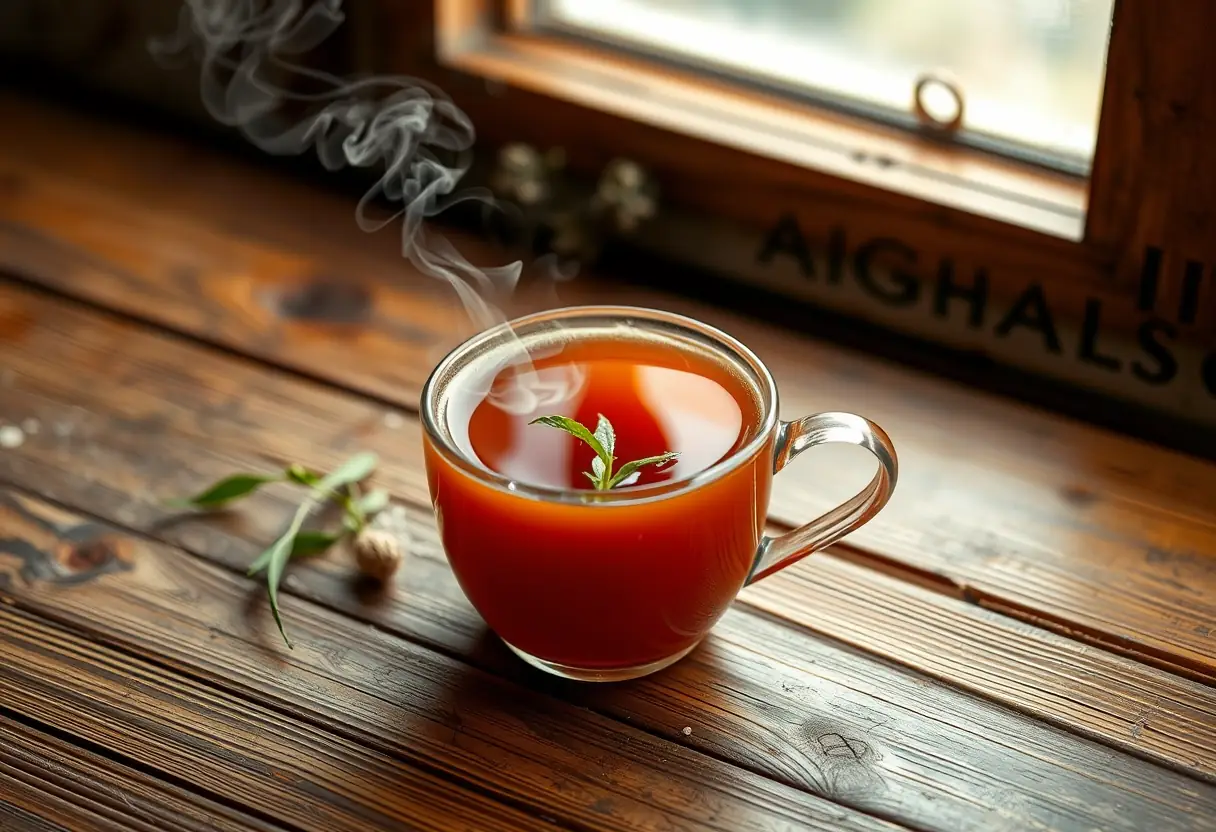Une tasse de thé aromatisé fumant sur une table en bois rustique, représentant la sérénité intérieure et l'amour de soi.
