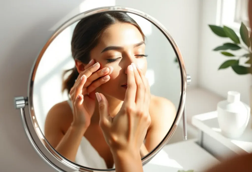 une main applique délicatement une crème hydratante sur le visage devant un miroir ronds, lien avec l'entretien de la peau