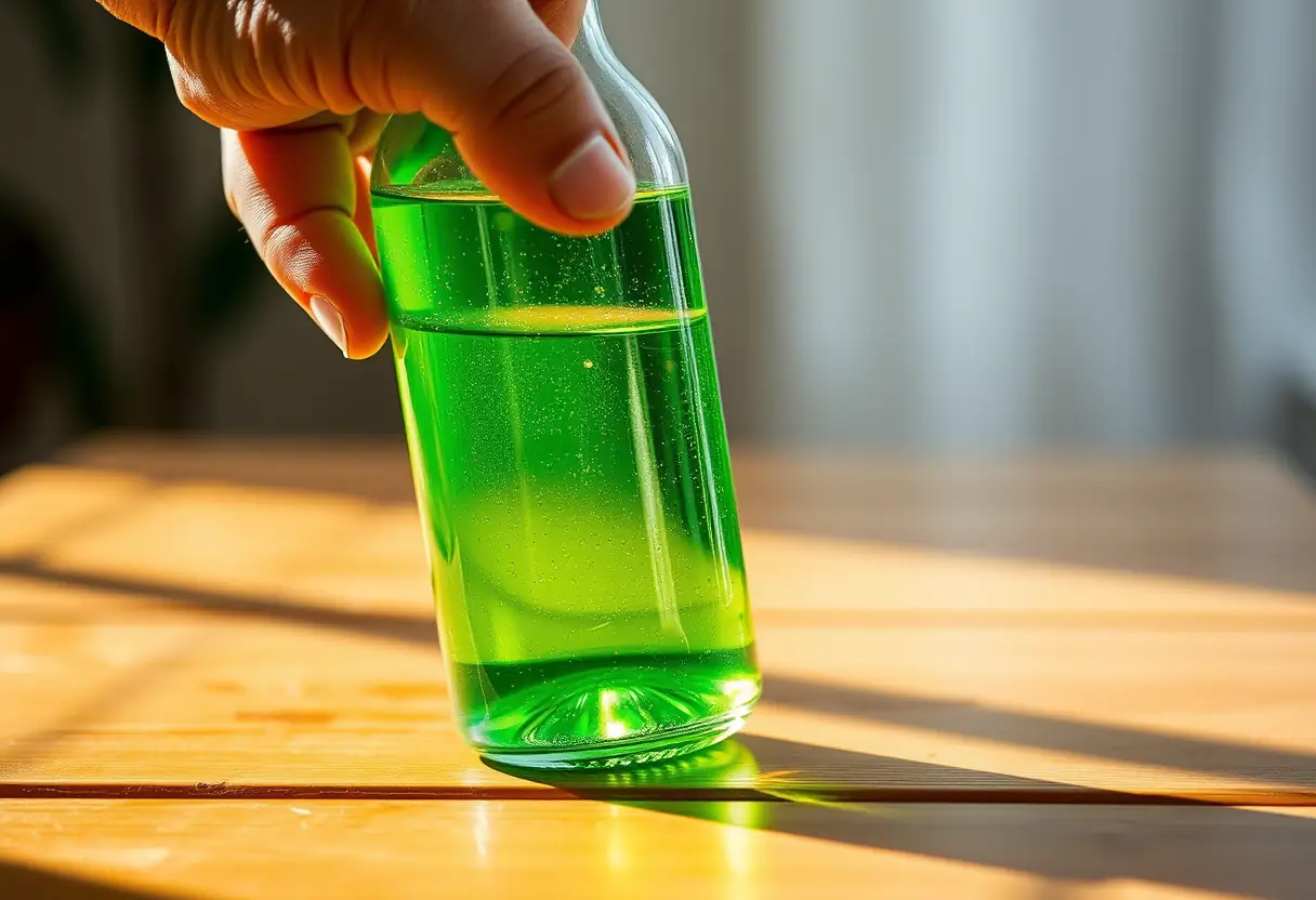 Une main tenant une bouteille en verre transparent remplie de liquide vert, posée sur une table en bois, éclairée par la lumière matinale.