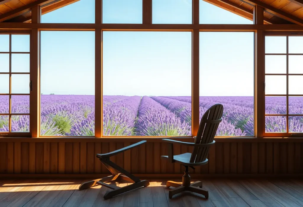 Un fauteuil en bois dans une cabane accueillante, face à une fenêtre qui encadre un champ de lavande en fleurs