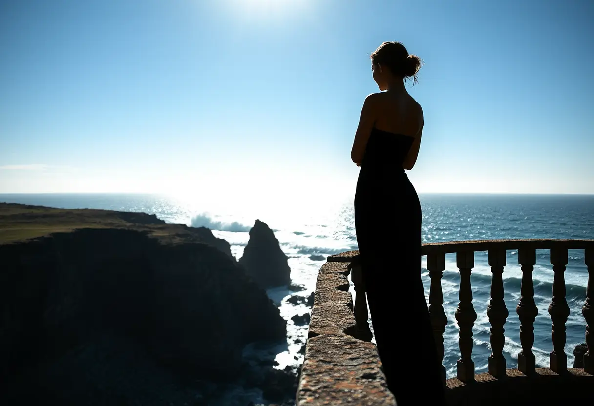 Un profil de femme se tenant sur un promontoire rocheux, regardant les vagues s’écraser contre la côte rocailleuse