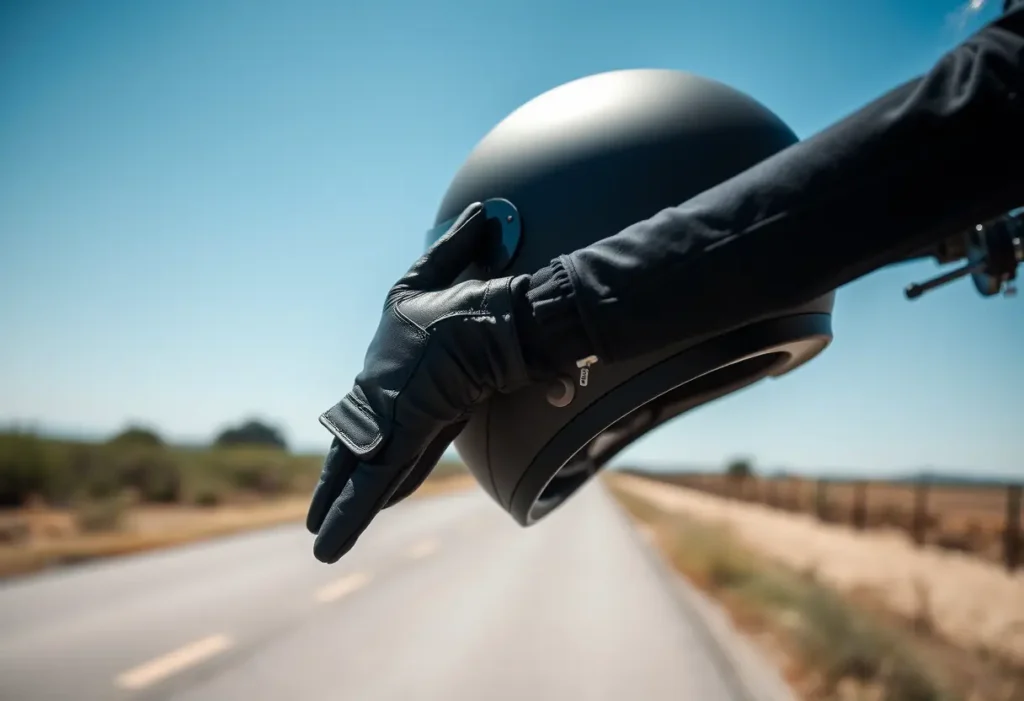 Mainenance d'un casque de moto sur le bas-côté d'une route rurale