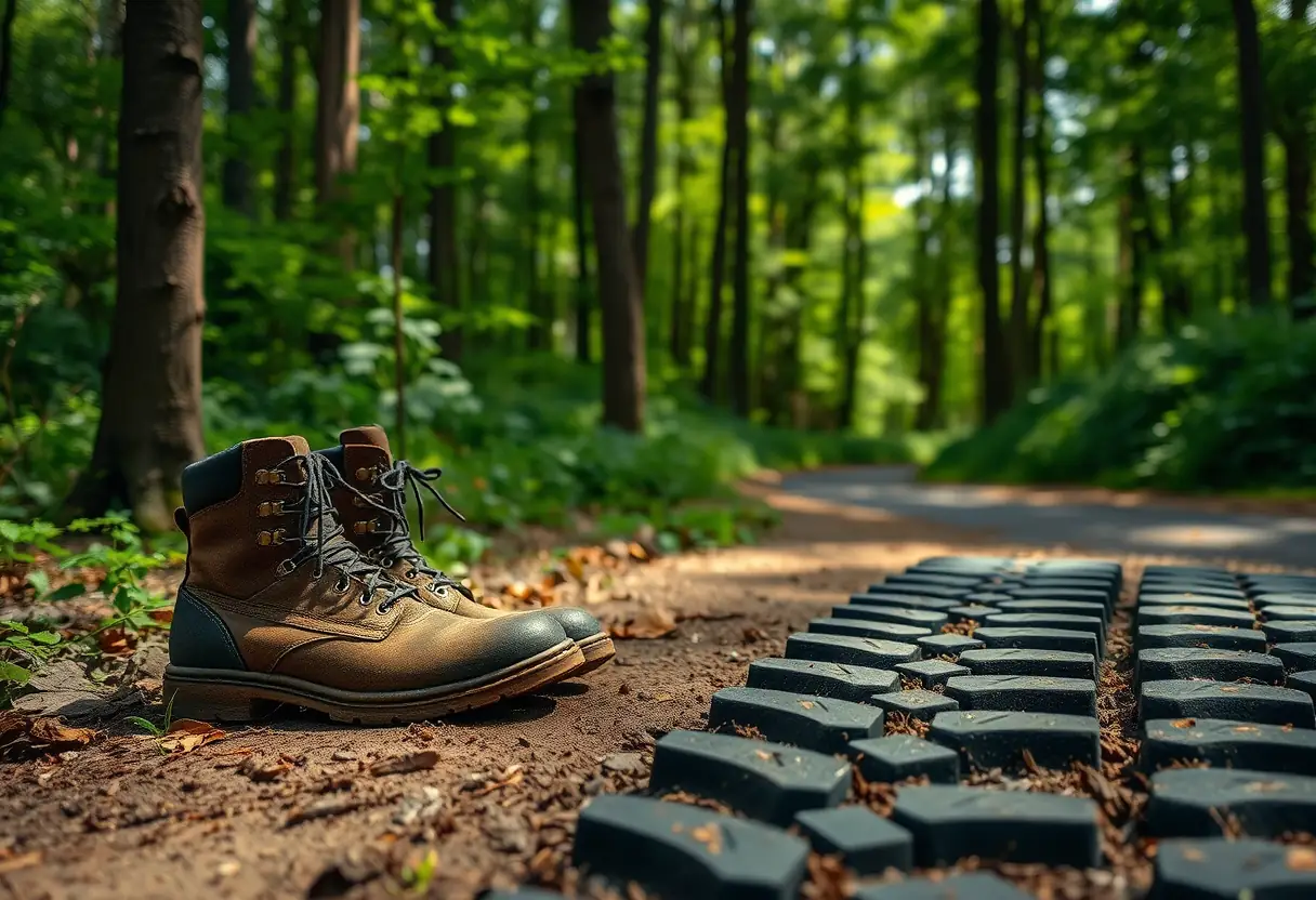Chaussures de randonnée posées près des traces de pneus dans une clairière