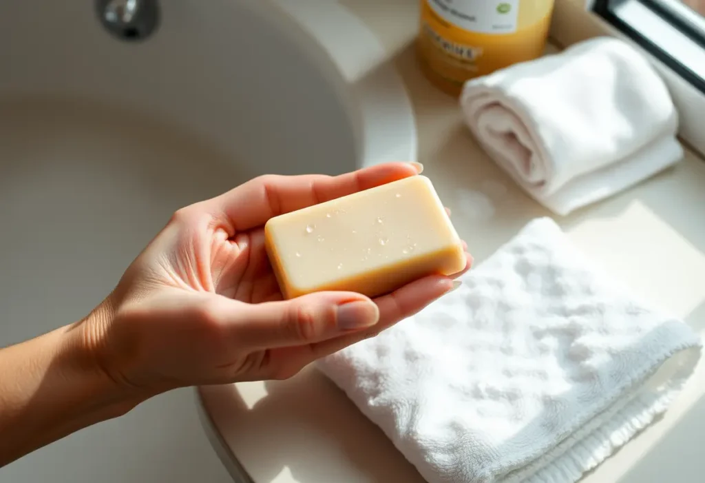 Une main féminine tient délicatement un savon barre, utilisant un geste d'hygiène intime.