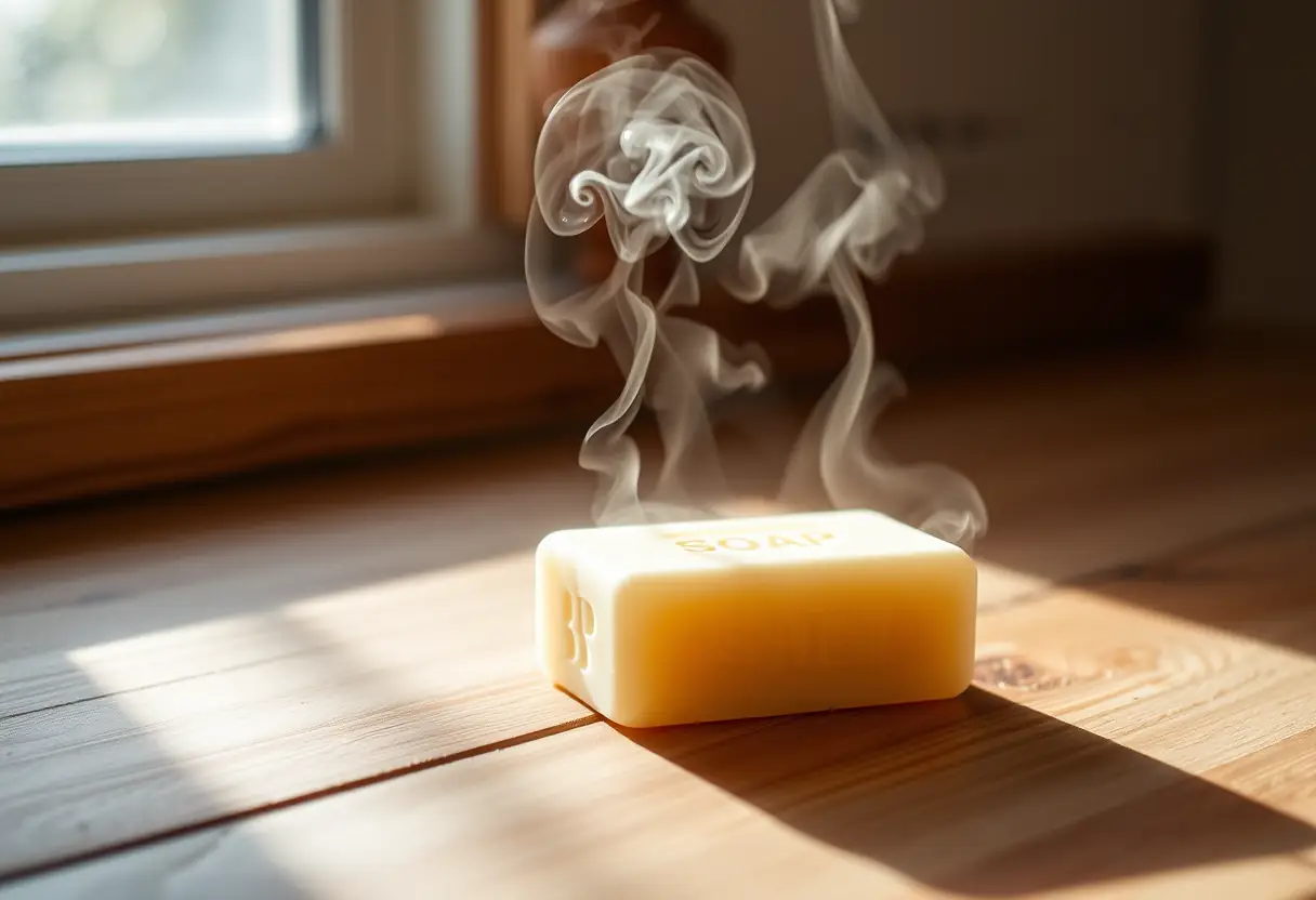 Un savon posé sur un meuble de salle de bains émettant de la vapeur, symbolisant l'hygiène intime