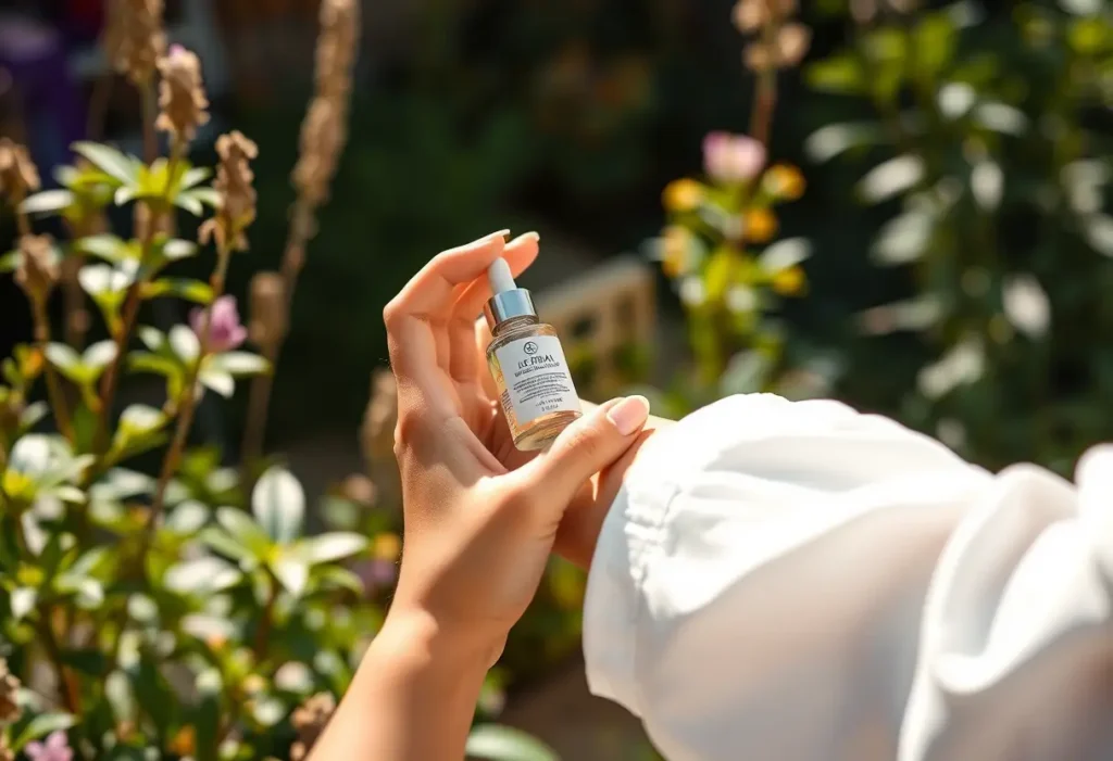 Une main appliquant une sérume dans un jardin ensoleillé, lien avec le bien-être de la peau