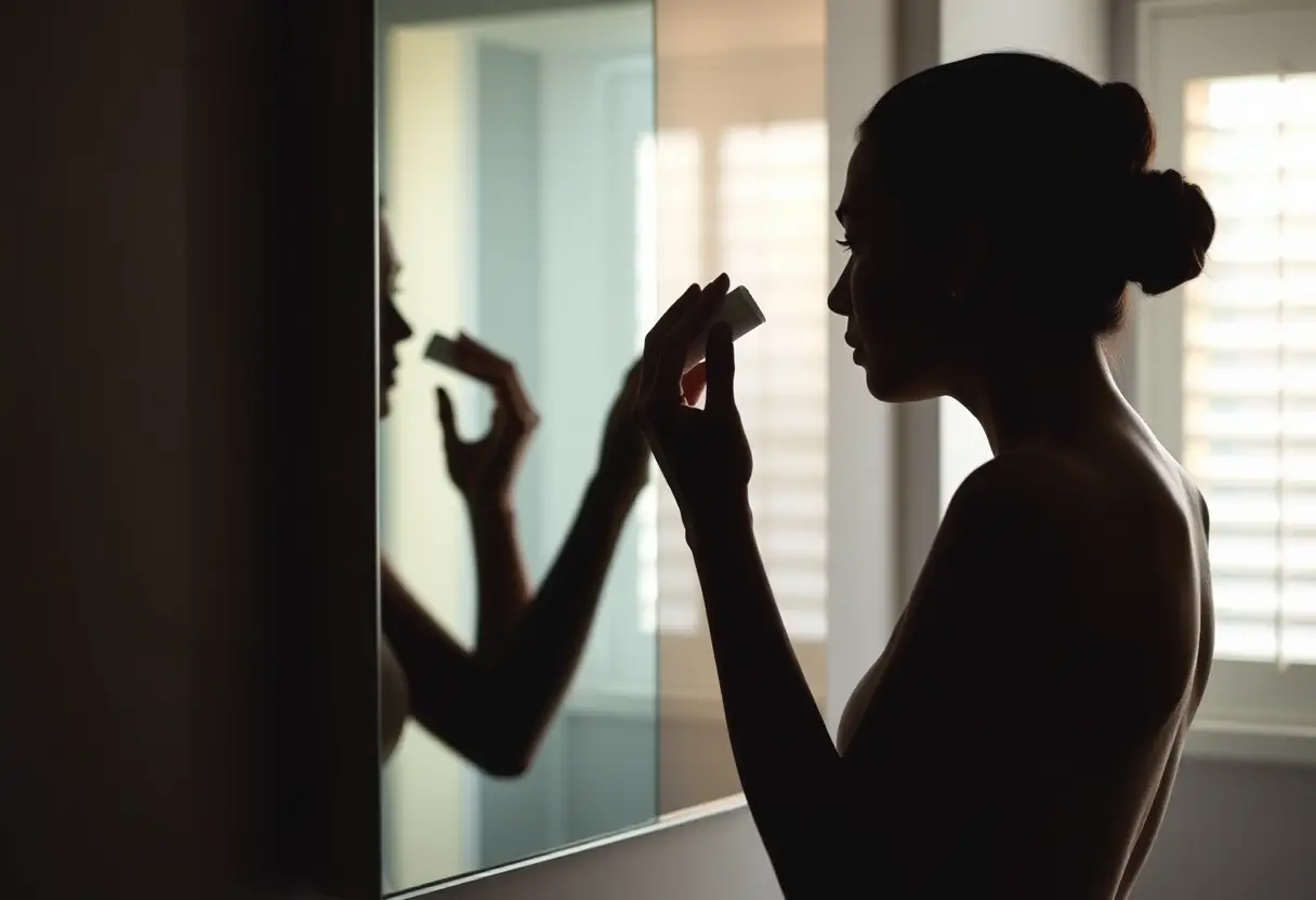 Un silhouetté appliquant une crème hydratante devant un miroir, lien avec la routine de soins de la peau