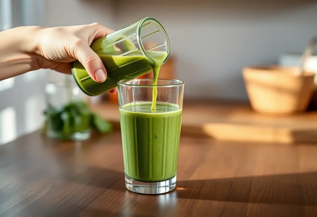 Une main versant un smoothie vert frais dans un verre clair sur un comptoir en bois