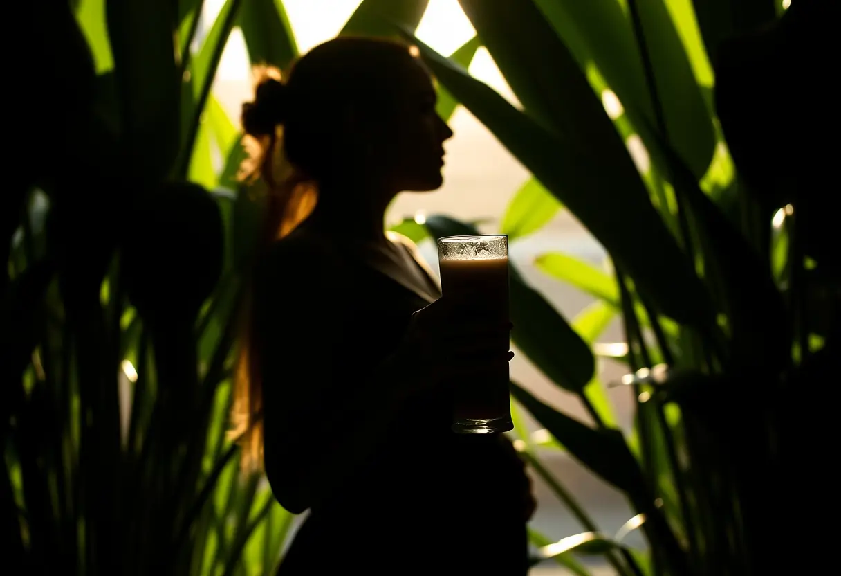 Un profil d'une femme tenant un grand verre de smoothie devant un fond de plantes vertes, en fin d'après-midi