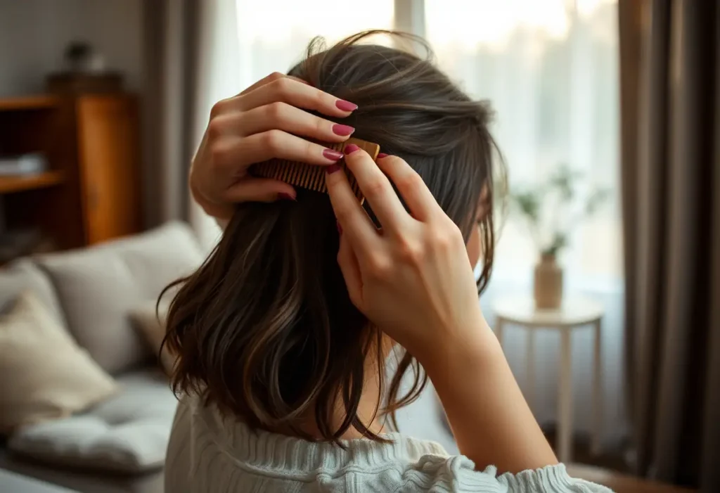 Une main féminine utilise une brosse en bois avec des dents larges pour entretenir ses cheveux.