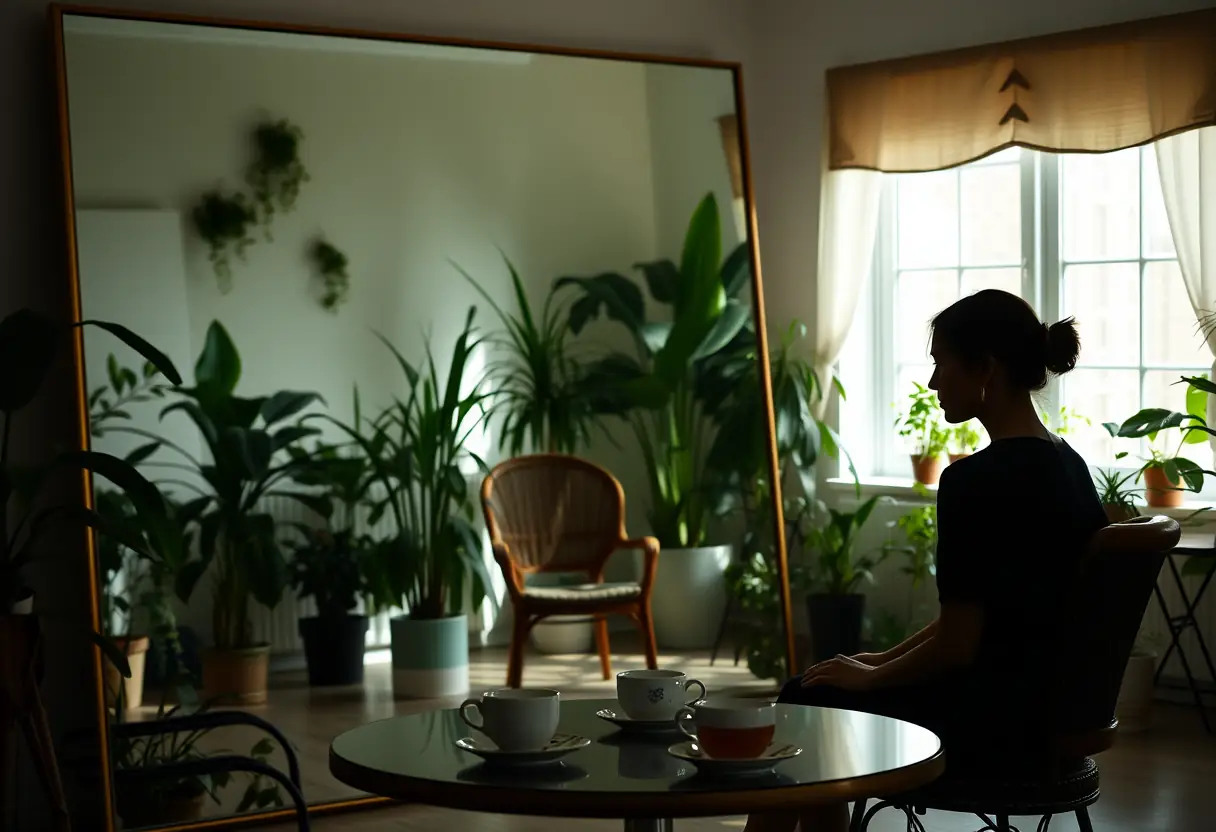 Un miroir reflétant une pièce pleine de plantes vertes et une femme assise silencieusement.