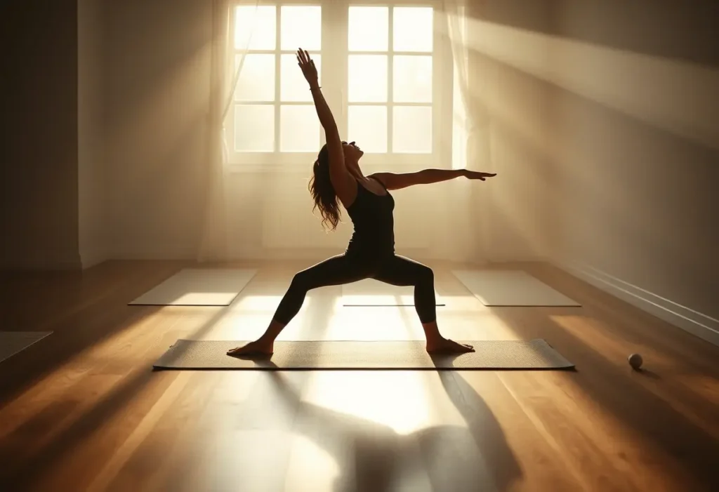 Un silhouette de femme s’étirant après une pratique de yoga, entourée de planchers en bois et de tapis en bambou