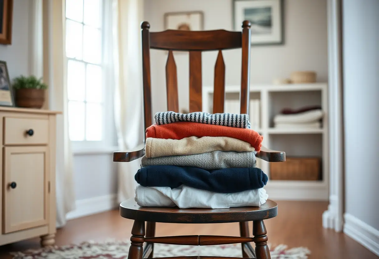 Un fauteuil rempli de vêtements pliés, signe de confort et d'acceptation de soi