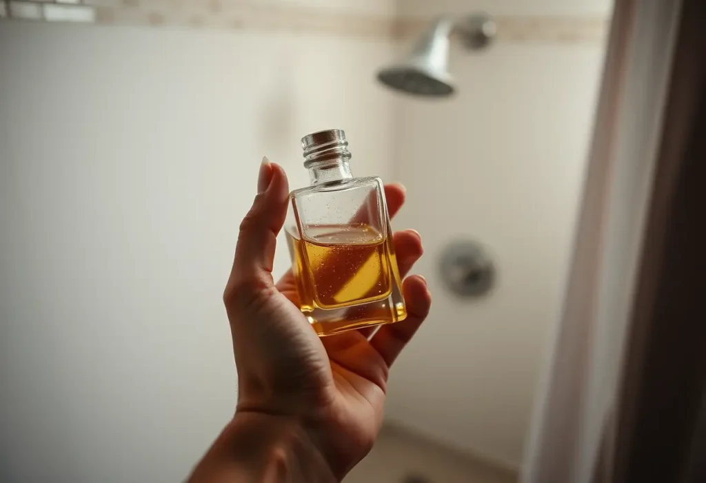 Une main tenant une petite bouteille en verre contenant de l'essence, dans une salle de bain éclairée naturellement