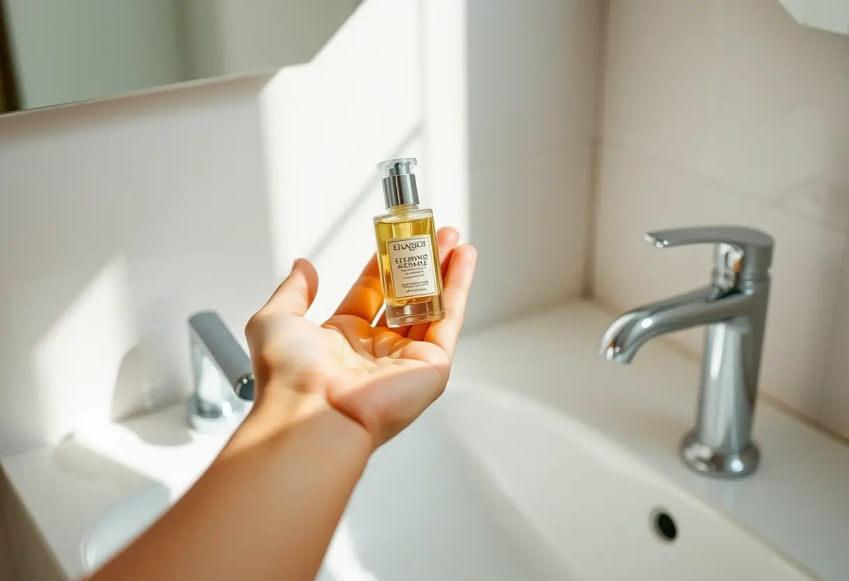 Main de femme versant une essence sur ses mains, éclairées par la lumière naturelle du bain.