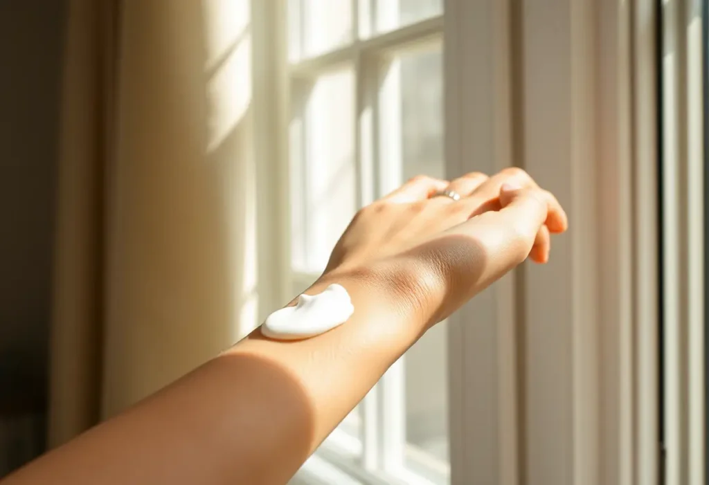 Une main applique une crème hydratante sur le bras, lumière naturelle