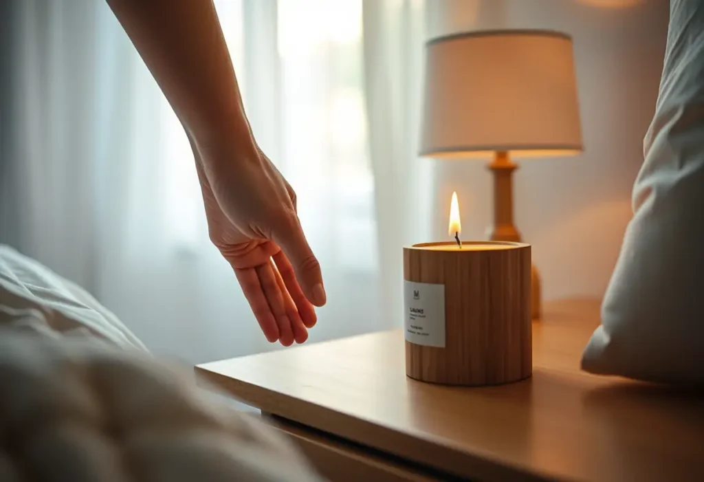 Une main pose délicatement une bougie allumée dans un porte-bougies en bois sur une table de nuit, ambiance chaleureuse