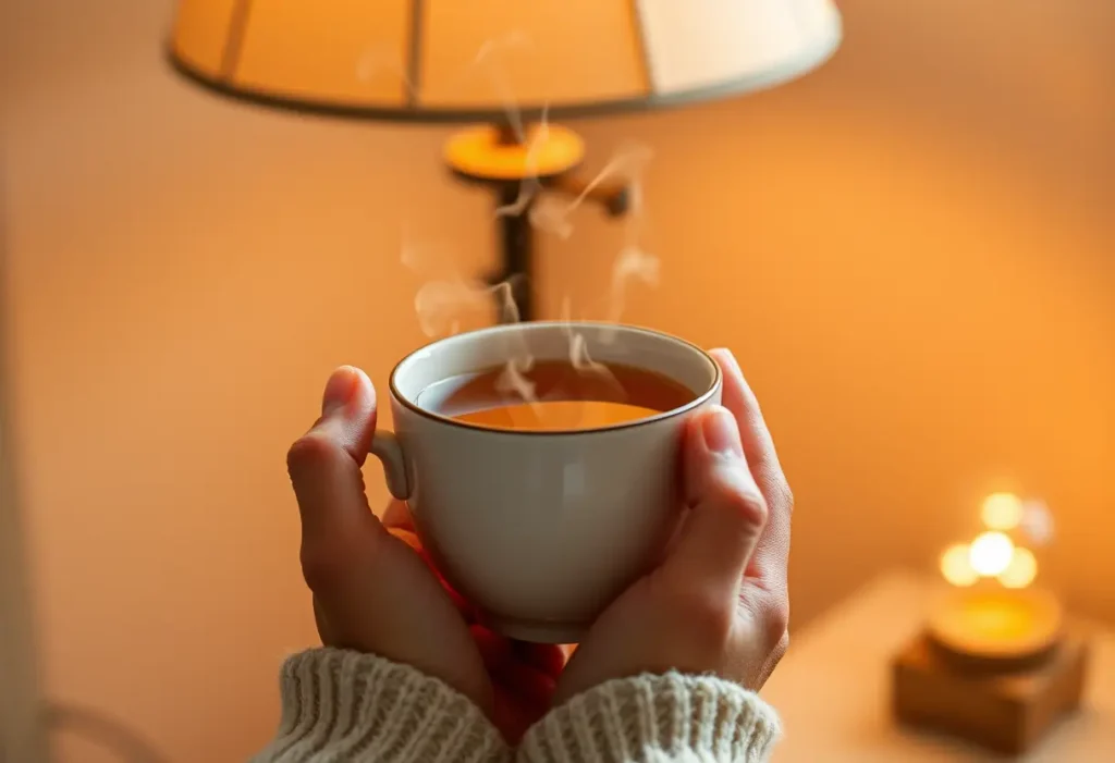 Des mains tenant une tasse de thé herbagère, éclairées par une lampe, symbolisant la recherche du bien-être intérieur et du désir.