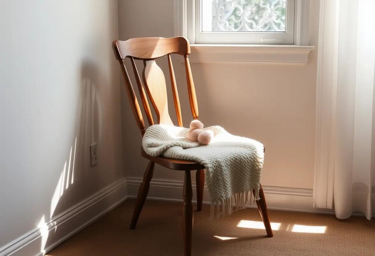 Un fauteuil en bois recouvert d'une couverture en laine dans un salon baigné de lumière naturelle