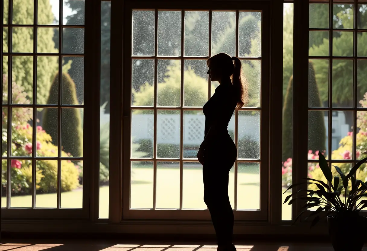 Un profil féminin se découpant devant une fenêtre avec un jardin serein derrière