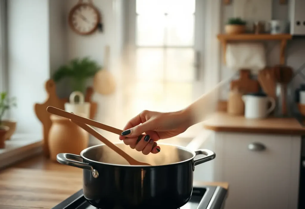 Une main féminine tient une cuillère en bois dans une cuisine chaleureuse, évoquant la prise en charge de soi